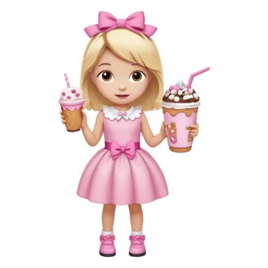 A little girl with a Dunkin' milkshake and a donut with pink frosting and marshmallows, wearing a pink coquette-style dress with bows and blonde hair. sticker