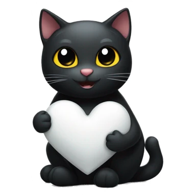 the black cat smiles sweetly and holds a white heart near its belly and hugs it sticker