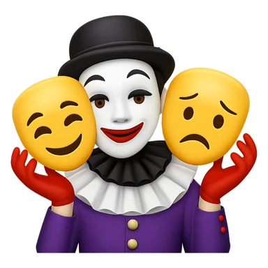 Edit the mime image to have two masks that are expressive: one mask smiling and the other frowning. Keep the classic mime outfit and white face paint. The style should resemble emoji style. Remove the background. sticker