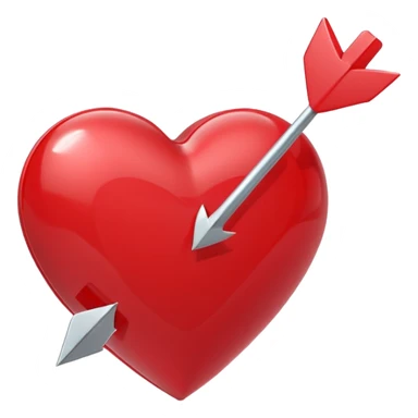 Apple-style 3D illustration of a glossy red heart pierced by a horizontal double-ended arrow. One end of the arrow has a small female symbol, the other end has a small male symbol. The heart is centered, shiny, with soft shadows, floating on a clean white background, minimal and emotional design sticker