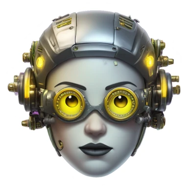 Fat faced Caucasian female cyborg head with Neon yellow bobbed hair, silver steampunk goggles and circuits sticker
