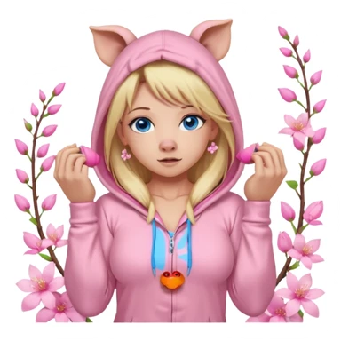 sexy and muscled, full body, in pink kegurumi pijamas, pig hood, sexy woman, long blond hair, beautiful blue eyes, makeup, earrings, muscled, surrounded by pink flowers and sakura petals sticker