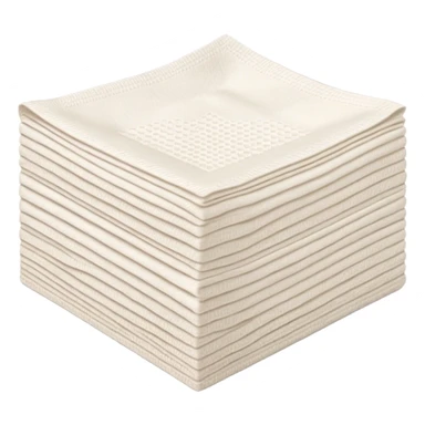 neat stack of soft white paper napkins, square, pronounced textured edges, faint embossed border, top napkin corner lifted, soft lighting, subtle shadows, emoji scale sticker