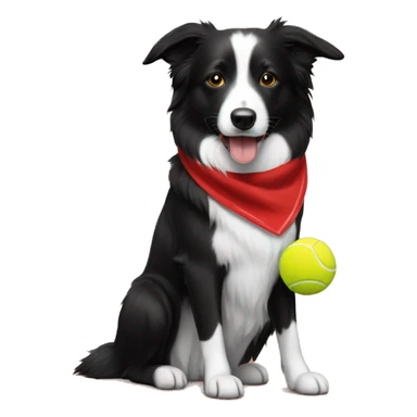 Black with a little white on her short fur border collie dog, red bandana, yellow tennis ball held in mouth sticker