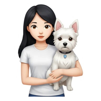 An Asain girl with long black hair to her wearing a white tight tshirt, she is  holding a west highland terrier with big ears  sticker