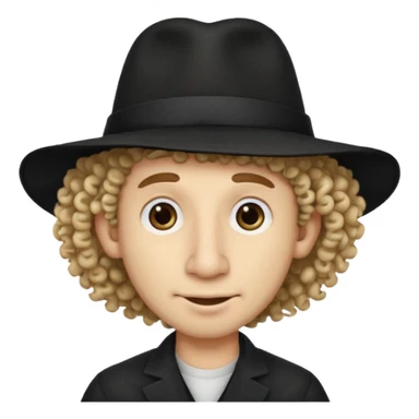 A man with a big nose and a black hat like a top hat but round and all black, with a strand of curly hair coming out from both sides of the hat, the strand of hair should be long  sticker