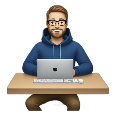 Brown hair white man with a beard and round glasses typing on apple computer wearing a dark blue nike hoodie sticker