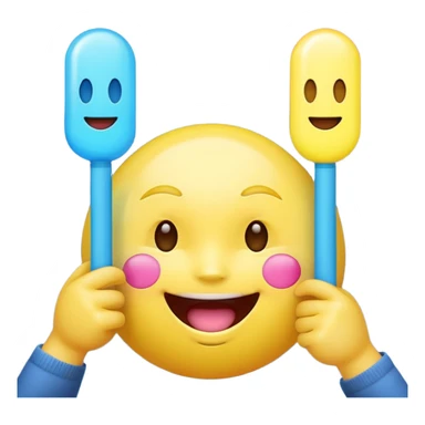 An excited yellow emoji face with closed smiling eyes and blushing cheeks, cheering enthusiastically while holding up two glow sticks (one blue, one pink). It represents high energy, fandom, and celebration. sticker