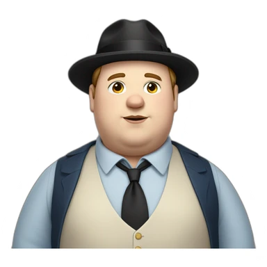 young fat white man wearing a black trilby and a blue waistcoat. no tie and brown hair sticker