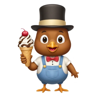 chicken wearing overalls and a top hat, holding an ice cream sundae sticker