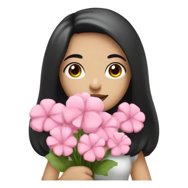 Pale girl with black hair and brown eyes and pink lips carrying a pink flower bouquet and has a friendly face  sticker