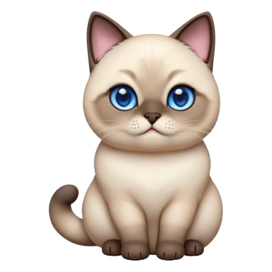 Cinematic Cute Chubby Siamese Cat Portrait Emoji, Round and plump body, soft cream-colored fur with rich dark points on the ears, face, paws, and tail, big, sparkling sapphire-blue eyes, Simplified yet irresistibly adorable features, highly detailed, glowing with a warm, cozy glow, high shine, curious yet calm, stylized with a touch of whimsy, bright and endearing, soft glowing outline, capturing the essence of a mischievous yet lazy and loveable kitty, so cuddly it feels like it could waddle right out of the screen for a snuggle! sticker