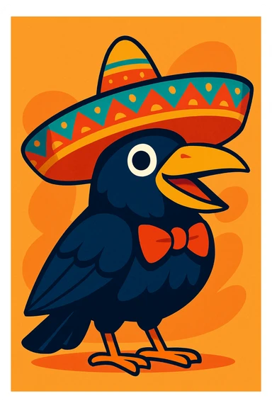 a crow wearing a mariachi hat, vibrant, clear details, festive colors sticker