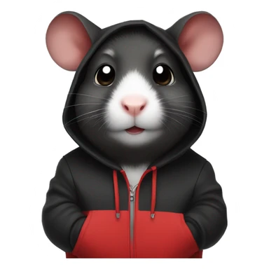 Black hamster wearing a red hoodie sticker