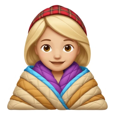 Create an iOS‑style emoji of a girl wrapped in a thick quilted blanket, smiling calmingly with a relaxed, cozy cabin vibe and soft lighting. sticker