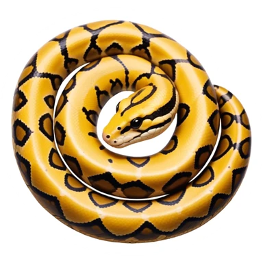 A photo-realistic top-down view of a Ball Python gently coiled into a tight spiral, with its head resting peacefully at the center. Its scales are warm brown with bold, irregular black markings, including the distinctive “alien-head” pattern, flowing smoothly along its body.  sticker