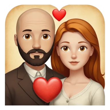 Couple. Bald man with dark brown-black beard. White woman with many small, faded freckles, white skin and she has auburn-yellow-brown-caramel, dark hair. She has light orange-brown eyes. The man have hazel eyes. They are inside one big heart. Retro style. sticker