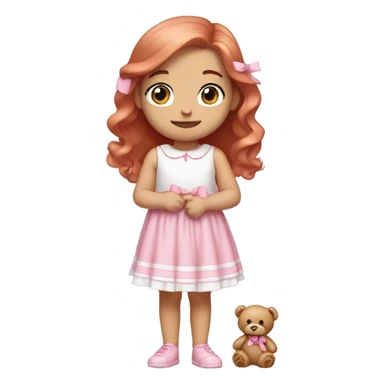 Little Girl with White skin, blue eyes. Light brown and red hair with pink bows.  She is wearing a pink and White dress, standing and holding on to a teddybear with a pink bows. sticker
