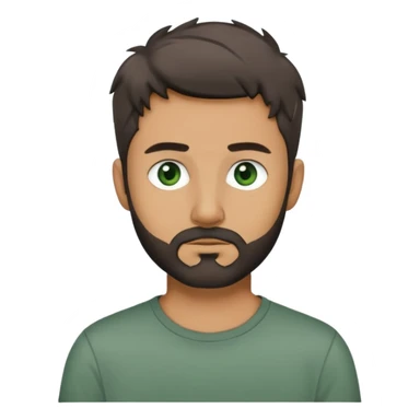 man with dark messy short hair, dark green eyes, gray T-shirt, and short beard sticker