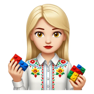 A Ukrainian girl in an embroidered shirt holds Lego bricks sticker