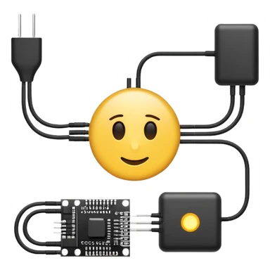 simple emoji-style schematic of physical computing with a microcontroller chip at the center connected by lines to a sensor, an LED, and a small motor in a logical circuit layout, clean and minimal sticker