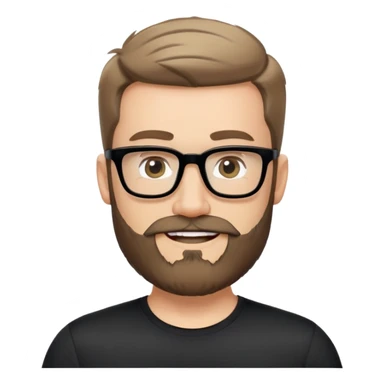 Caucasian man with complete beard, short hair styled up, large black eyeglasses, cheerful expression, black athletic shirt sticker
