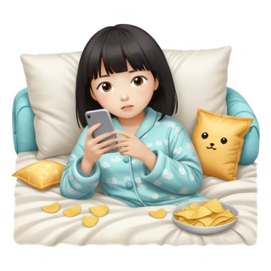 Cute East Asian girl, soft fair skin, straight bangs, messy inward bob. Wearing fluffy pajamas, lying on couch under blanket, holding chips and phone, expression blank and tired. sticker