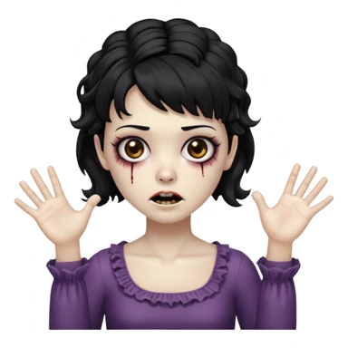 Cabelo ondulado  um pouco cheio e franja curta  Olhos marrons e pequenos e feita d ezumbi mais bonita com cabelo amarro na e com as mãos assim tipo assim🧟‍♀️ sticker