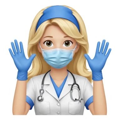 enfermera rubia con pelo largo sin balaca en el pelo, con mascarilla y guantes azules las dos manos arriba sticker