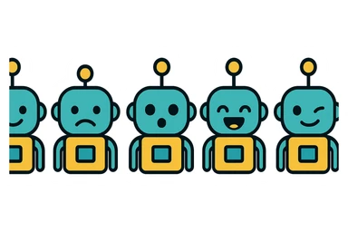 Create a variety of emojis for a tech bot base with happy, sad, surprised, laughing, and winking expressions. Maintain a minimalistic, geometric, clean style with subtle tech details. Use a transparent background. sticker