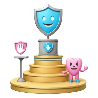 Minimalist 3D emoji-style podium with 2 steps on a green chroma key background. Step 1 (higher) features a handshake icon with blue neon glow. Step 2 (lower) features a smiling tooth with a shield icon and pink neon glow. Clean rendering, soft colors, uniform lighting sticker