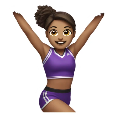 Caucasian cheerleader with dark brown hair, jumping and holding up two purple Pom poms sticker