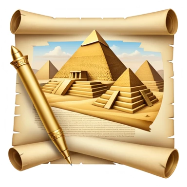 An icon showing a rolled parchment scroll, a quill pen, and ancient landmarks like pyramids and columns in the background. The design symbolizes the study of past civilizations, events, and heritage. Transparent background emphasizes the timeless exploration of human history. sticker