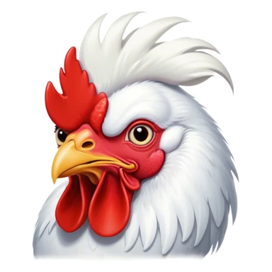 Cinematic Comical White Rooster Portrait Emoji, Head tilted dramatically with an exaggeratedly shocked or amused expression, featuring a striking pure white plumage with a bold red comb, wide, expressive eyes filled with playful disbelief, Simplified yet hilariously expressive features, highly detailed, glowing with a slightly sassy glow, high shine, dramatic yet playful, stylized with an air of cheeky mischief, bright and endearing, soft glowing outline, capturing the essence of a spirited and over-the-top rooster, so meme-worthy it feels like it could crow its way into internet fame instantly! sticker