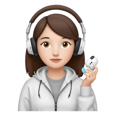 burnette girl listening to music with some AirPods Max sticker