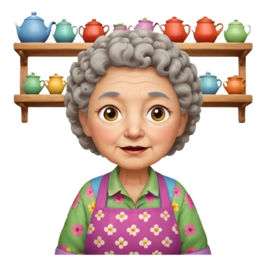 cartoon Apple iOS emoji style rural elderly woman, chubby face, short gray curly hair, flowery blouse, colorful apron, big expressive eyes, pastel colors, Chilean wooden kitchen background, clay pots, warm light, detailed and clean vector art sticker