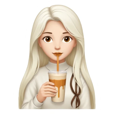white long haired brunette with brown eyes and a white outfit, drinking a caramel machiatto sticker