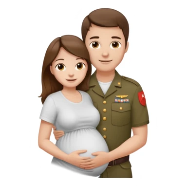 
"Pregnant woman with long brown hair and fair skin wearing a t shirt white. And man with short brown hair and fair skin (without a mustache), wearing a brown military uniform, hugging and smiling."
 sticker