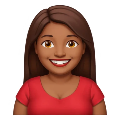 50 yr old chubby Sri Lankan woman, dark skin, straight brown hair, big smile, white teeth, red dress clothes, longer hair straight, big teeth sticker