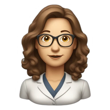 middle-aged accounting woman with brown longhair, a bang, glasses and a loop sticker