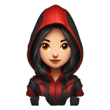 Girl developer behind his laptop with this style : Riot Games Valorant black red glowing bright red character red black hooded assassin themed character sticker