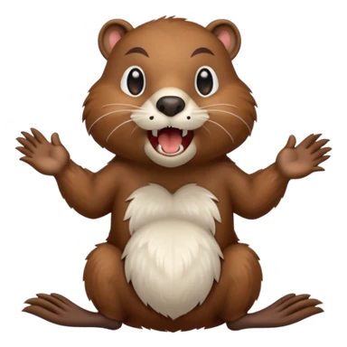  A crazy beaver is standing on its hind legs with its front paws stretched out in front of it. It has a brown fur coat with white fur around its eyes and nose. mouth is open, revealing sharp teeth.  sticker