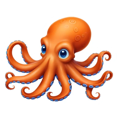 Cinematic Realistic Cute Octopus Portrait Emoji, Head tilted playfully and inquisitively, featuring a gracefully curving, compact body in vibrant orange adorned with delicate blue rings, and a charming, expressive face with round, sparkling eyes full of curious wonder; rendered with lifelike detail and soft natural highlights, high shine, affectionate and enchanting, styled with a touch of whimsical ocean magic, soft glowing outline, capturing the essence of a mischievous yet lovable octopus that seems poised to slither playfully into your arms! sticker