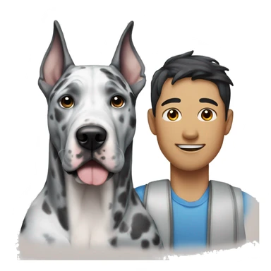 Asian man next to blue Merle great dane sticker