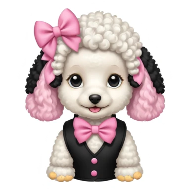 Caniche blanca con chaleco negro con un moño rosa sticker
