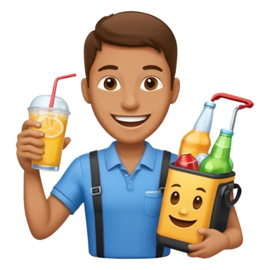 A vendor with a big beverage cooler, offering cold drinks with a wide grin sticker