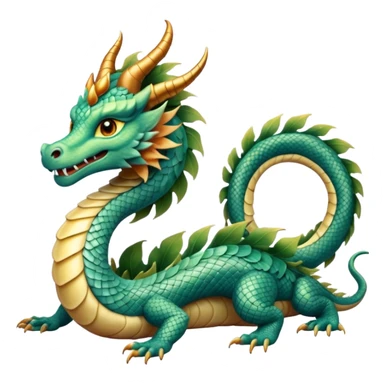  serpent dragon. Slim, serpentine body with smooth scales in soft blues and greens. Fluffy leaf plumes replace the tail fins, and a terracotta crown-like crest adorns its head. Gentle amber eyes. it should be similar to traditional chinese dragons. sticker