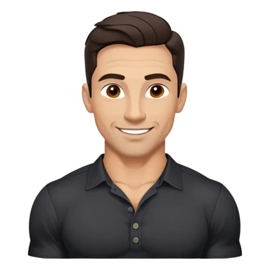 Very fit muscular 40-year-old with youthful looks, light brown skin, elongated face, strong defined jawline, charming confident smile, medium dark eyes, arched eyebrows, straight nose, buff physique, medium wavy dark hair, wearing a slightly tight black button-up shirt sticker