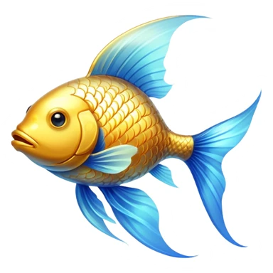 Ethereal golden fish symbol glowing with soft radiance, surrounded by a subtle blue aura. The fish has flowing, graceful lines with shimmering scales and translucent fins that appear to be moving in water. sticker