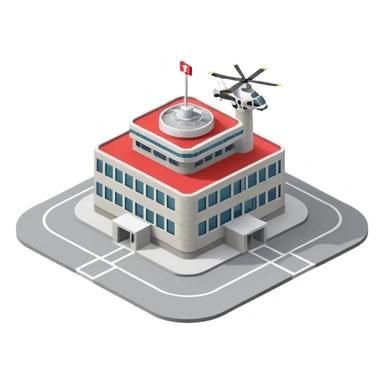 hospital isometric view building with heliport sticker